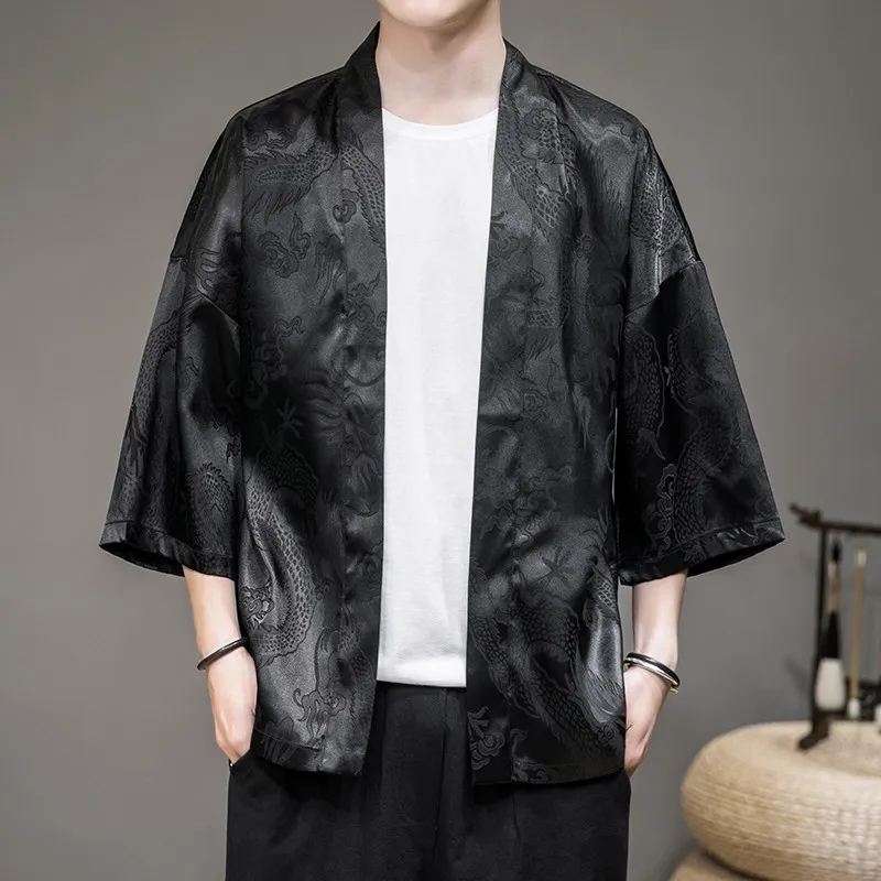 Men's Summer Lightweight 3/4 Sleeve Jacquard Open Front Kimono Jacket Chinese Style Dragon Pattern Oversized Loose Outerwear
