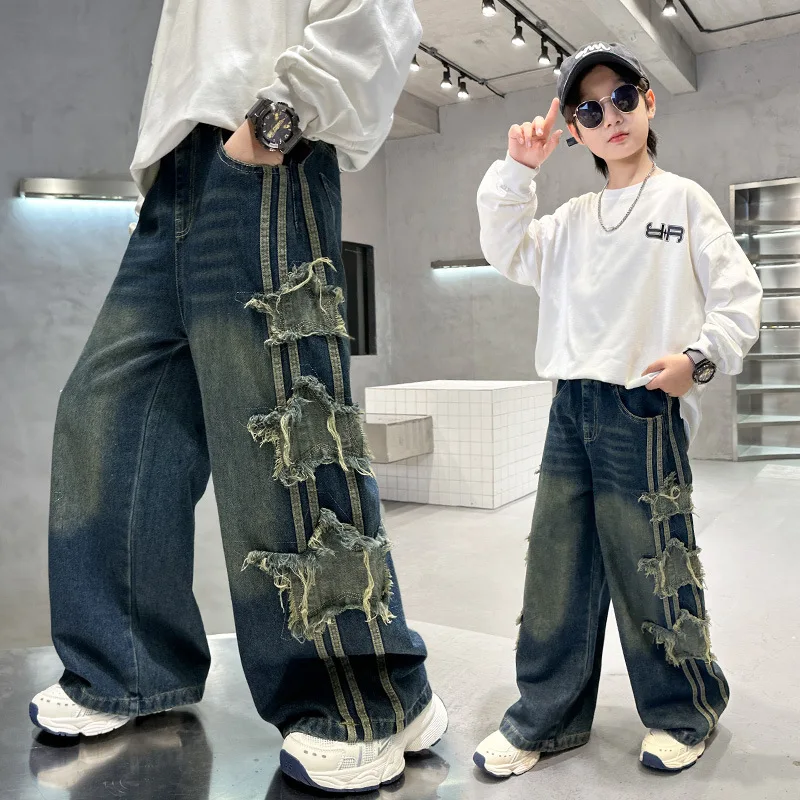 Teenager Boys Denim Wide Leg Pants Child Trousers Spring Autumn Five-Pointed star Splicing Raw Edge Jeans 5-14 Yrs Kids Trousers