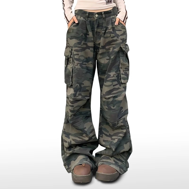 American Street Style Large Pocket Camouflage Denim Cargo Pants Vintage Loose Wide Leg Slimming Casual Jeans Trend