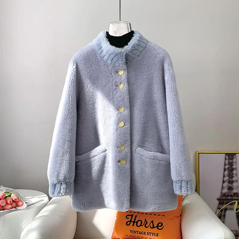 Lamb's Wool Female Stand-up Collar Jacket 2023 Winter New Sheep Shearing Fur Warm Coat Parka JT3501