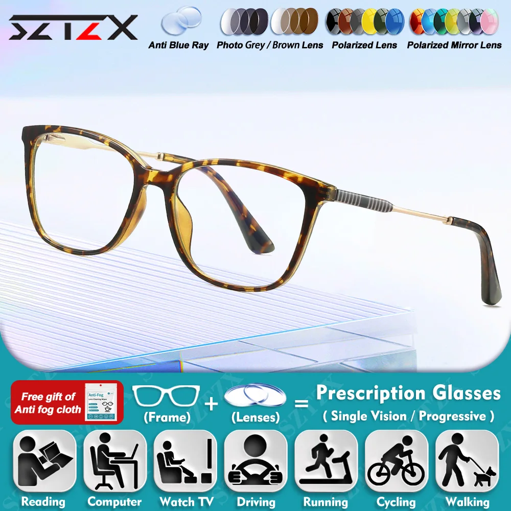 

SZTZX Personalized Square Women Myopia Prescription Glasses High Quality Anti Blue Light Polarized Progressive Computer Eyeware