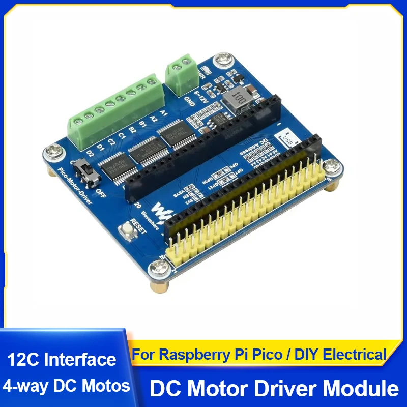 Raspberry Pi Pico DC Motor Driver 4-way DC Motos 12C Interface PCA9685 Driver Chip Board 2WD or 4WD Driving for DIY Electrical