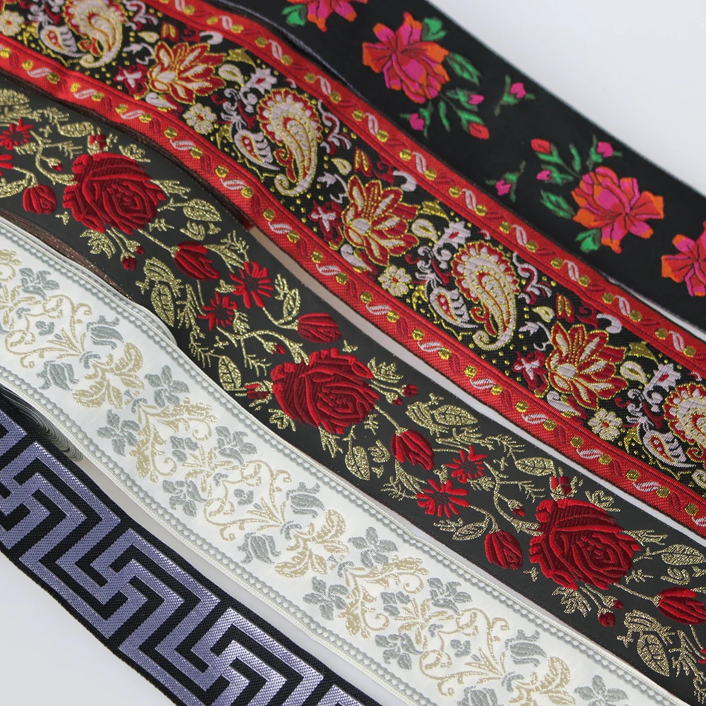 10 Yards 66MM Width 2.6 Inch Vintage Golden Rose Flower Fashioned Embroidered Jacquard Ribbon Trim