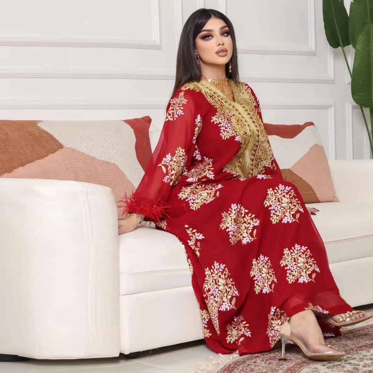 AB214 2024 Muslim Summer New Dubai Embroidered Camel Feather Gold Lace Dress