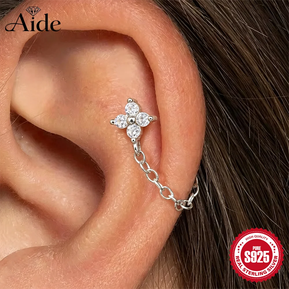 AIDE 925 Sterling Silver Four Leaf Clover Chain Tassel  For Women Cartilage Helix Flat Back Piercing INS Lucky Flower Earring