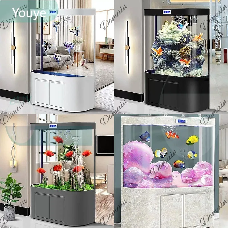 ZL Large Fish Tank Living Room Floor Standing Bottom Filter Curved Float Glass Eco Self-Circulation Low Maintenance Aquarium