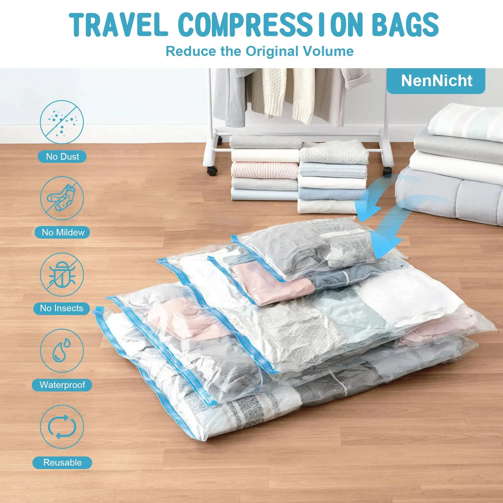 Sacs de rangement sous vide de plusieurs tailles, durables, à enrouler à la main, pour vêtements, camping, voyage, déménagement, organisateur indispensable