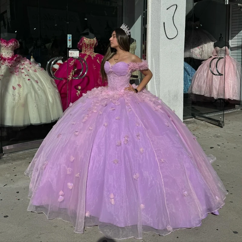 Lilac Quinceanera Dress Ball Gown Off The Shoulder 3D Flowers Beads Crystal Tull Corset Sweet 15 Vestidos De XV Años