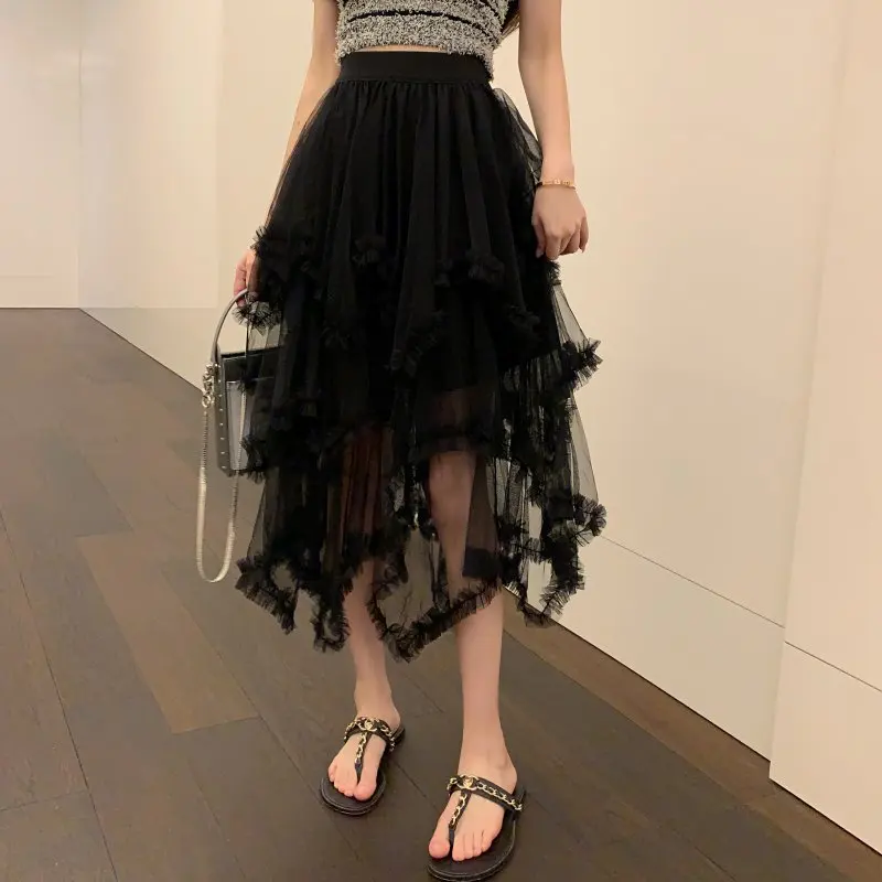 Fashion Women High Elastic Layered Tulle Midi Skirts Fairycore Frill Trim Ruffle Flare Mesh Tutu Skirt