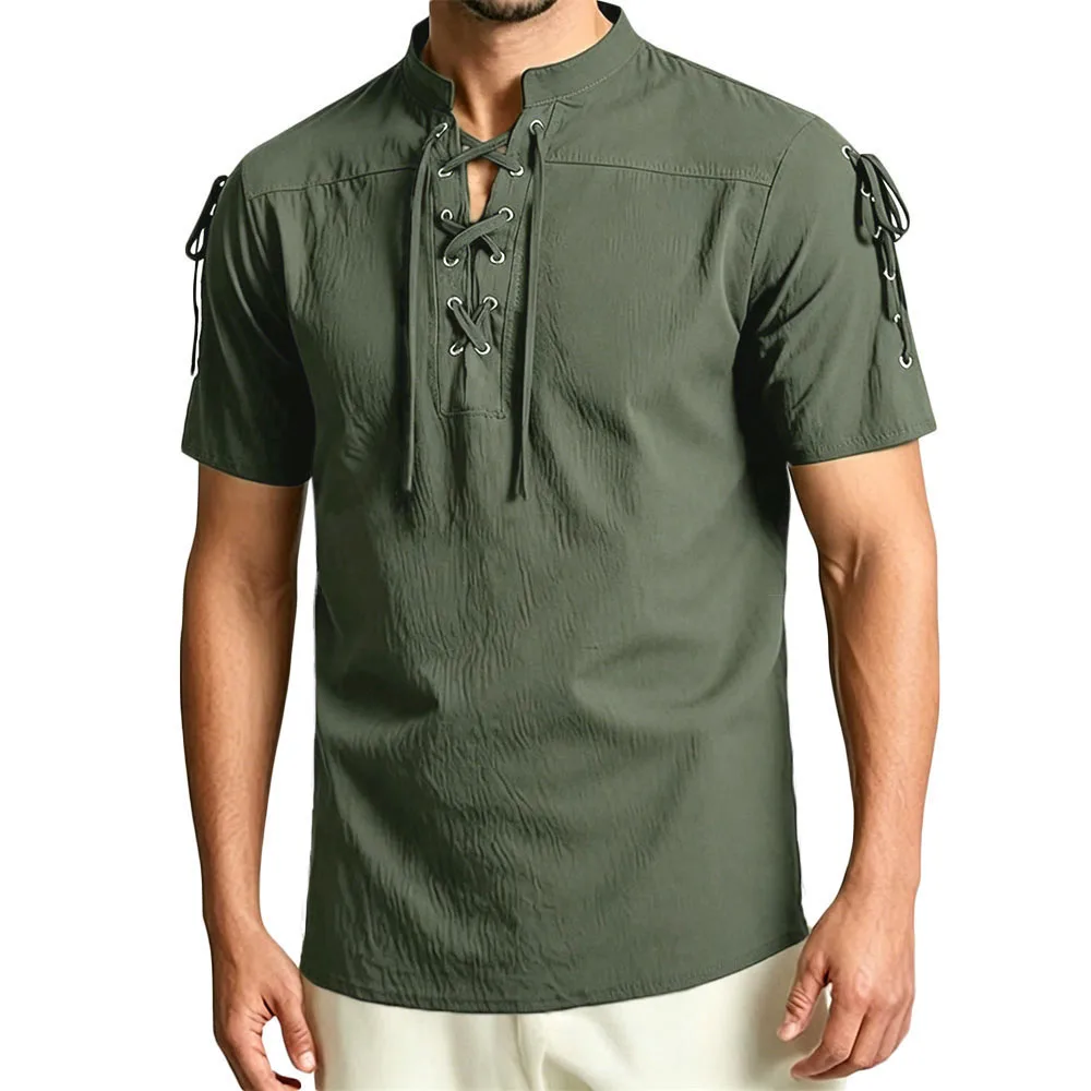 

Vintage Short Sleeve Shirt for Men Pirate Lace Up Design Gothic Style Tops Cotton Linen Breathable Stand Collar Male Costume