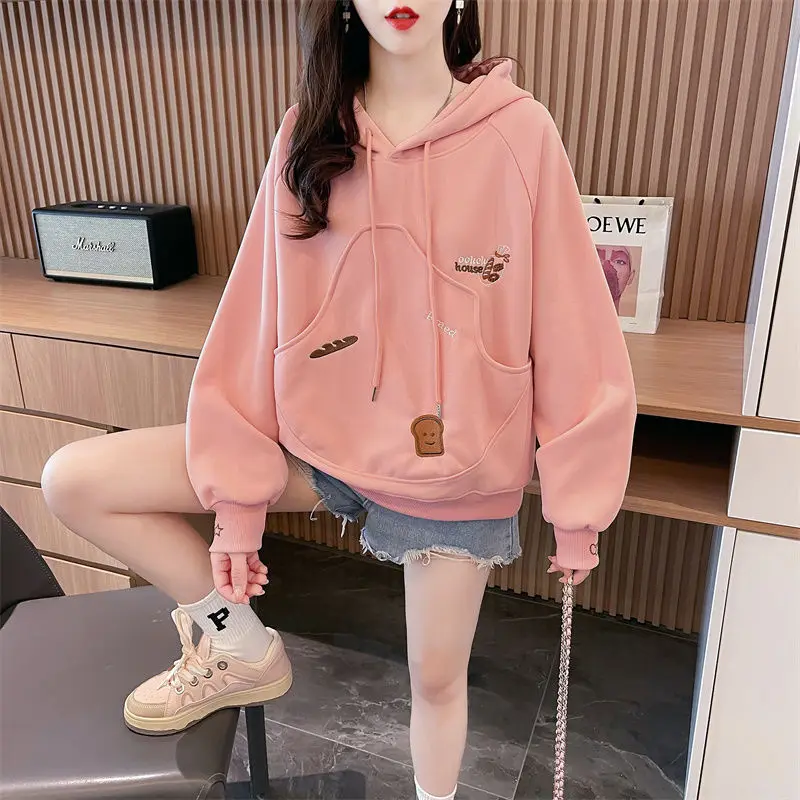 Fashion Pockets Spliced Embroidery Hooded Sweatshirts Female Clothing 2024 Autumn Winter New Loose Casual Tops Sweet Sweatshirts