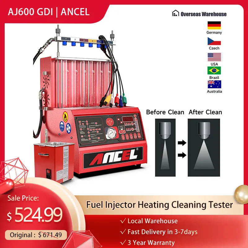 

ANCEL AJ600 GDI EFI MPI SFI Fuel Injector Cleaner Tester Machine for Gasoline Injector Washing Car 6 Cylinders for 110V / 220V