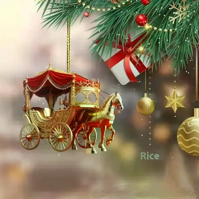 1Pcs Carriage Christmas Ornament Horse with Sleigh Carriage 2D Acrylic Xmas Tree Ornament for Winter Home Decor Car Table