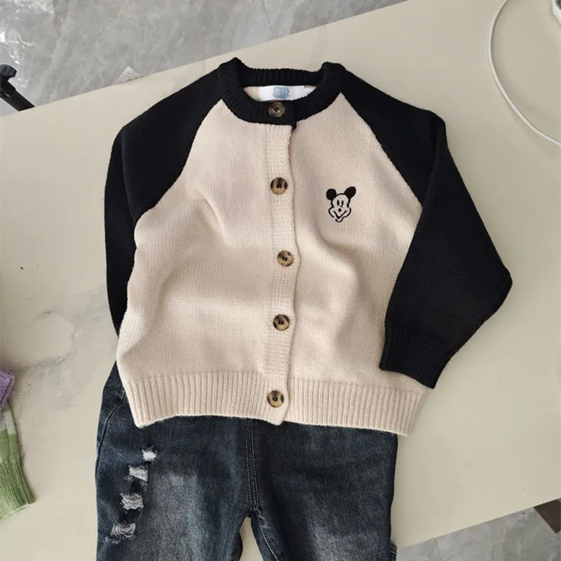 

Boys' Splicing Knitted Coat Autumn Winter New Mickey Embroidery Single Breasted Long Sleeve Cardigan Girls' Cartoon Warm Sweater