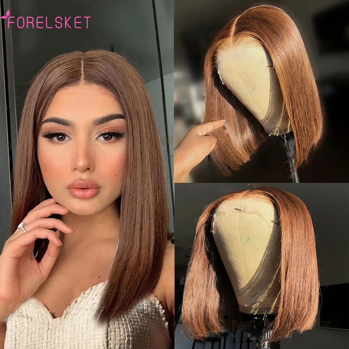 FORELSKET #4 13x4 Dark Brown Short Bob Wig Human Hair Lace Front Wig Brown Straight Short Bob Wigs For Women Bob Wig Human Hair