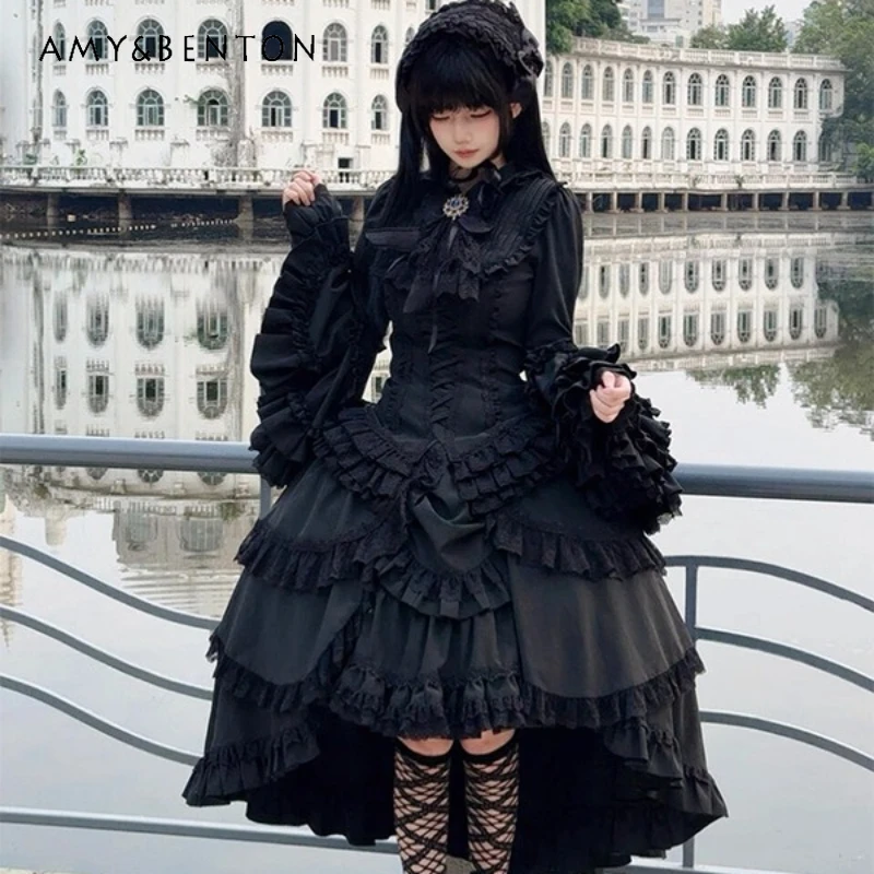 

2025 Autumn New Heavy Craft Women's Shirt Punk Dark Gothic Design Sweet Cool Lolita Gorgeous Elegant Long Skirts Sets Ladies