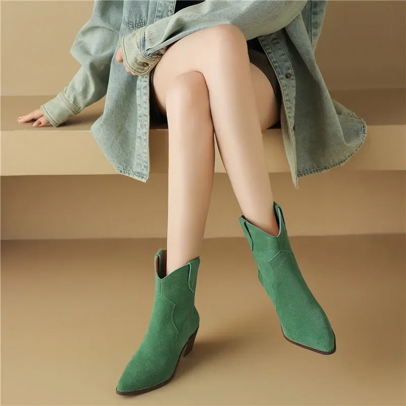 Damskie buty Chelsea na wiosnę jesień krowa zamsz punktowe Toe gruby obcas szyte botki buty zimowe kobieta Western Botas