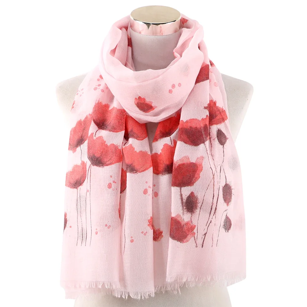 2024 Fashion Red Poppy Floral Scarf Women Hijab White Pink Floral Print Scarves Shawl Foulard Stoles Ladies