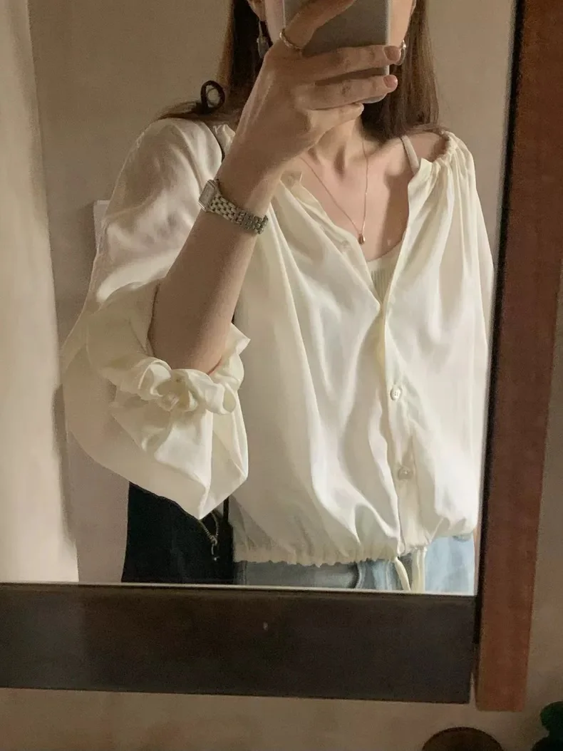 

French Sle Loose Fit Bubble Sve irt Women's Dstring Waist Sun Protection Gentle Sunscreen Top Casual Breathable