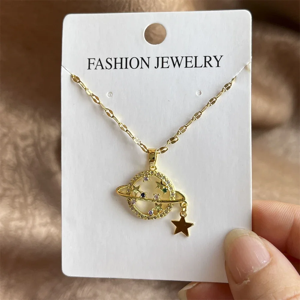 Stainless Steel Y2K Multi-color Crystal  Planet Star Pendant Necklace Gives Women Celestial Body Chokers Lip Chain Jewelry