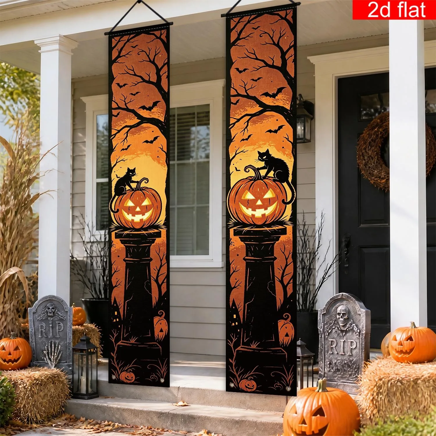 Halloween Door Banner Black Cat Pumpkin Tombstone Porch Sign Spooky Bat Tree Hanging Curtain Front Porch Horror Party Wall Decor