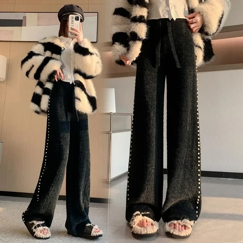Pink Mink Fur Nail Bead Knitted Wide Leg Pants for Women In Autumn and Winter Lazy and Relaxed Casual Straight Leg Long Pants