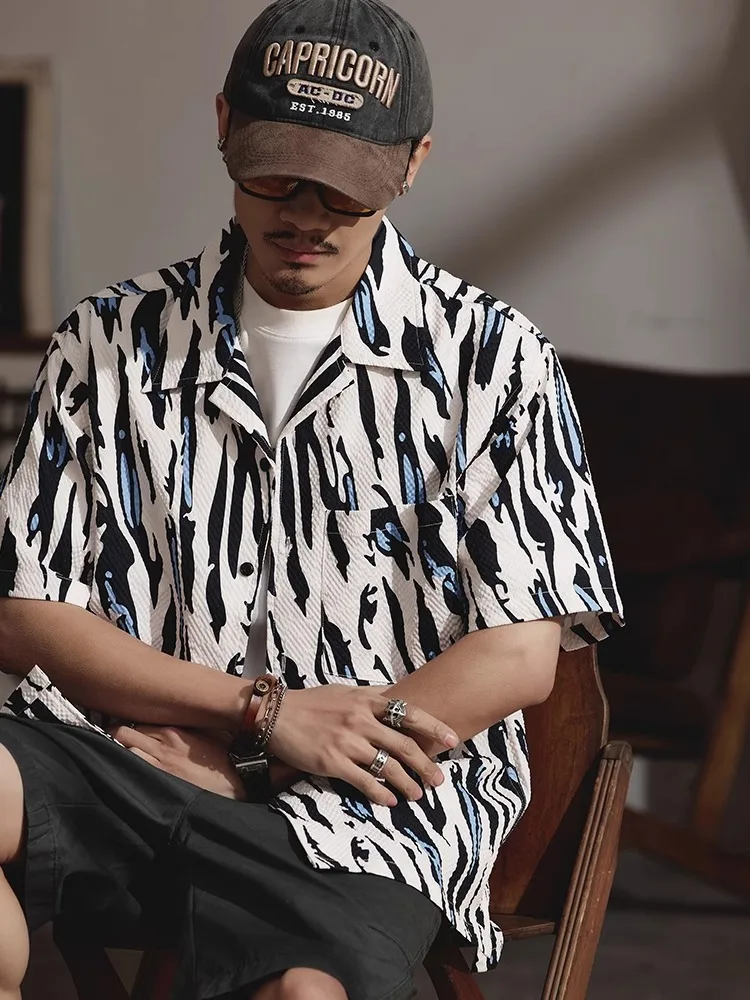 Retro American Hawaiian Print Shirt Polka Dot Short Sleeve Beach Shirt Men's Summer Loose Cuban Collar Jacket Polyester Fiber