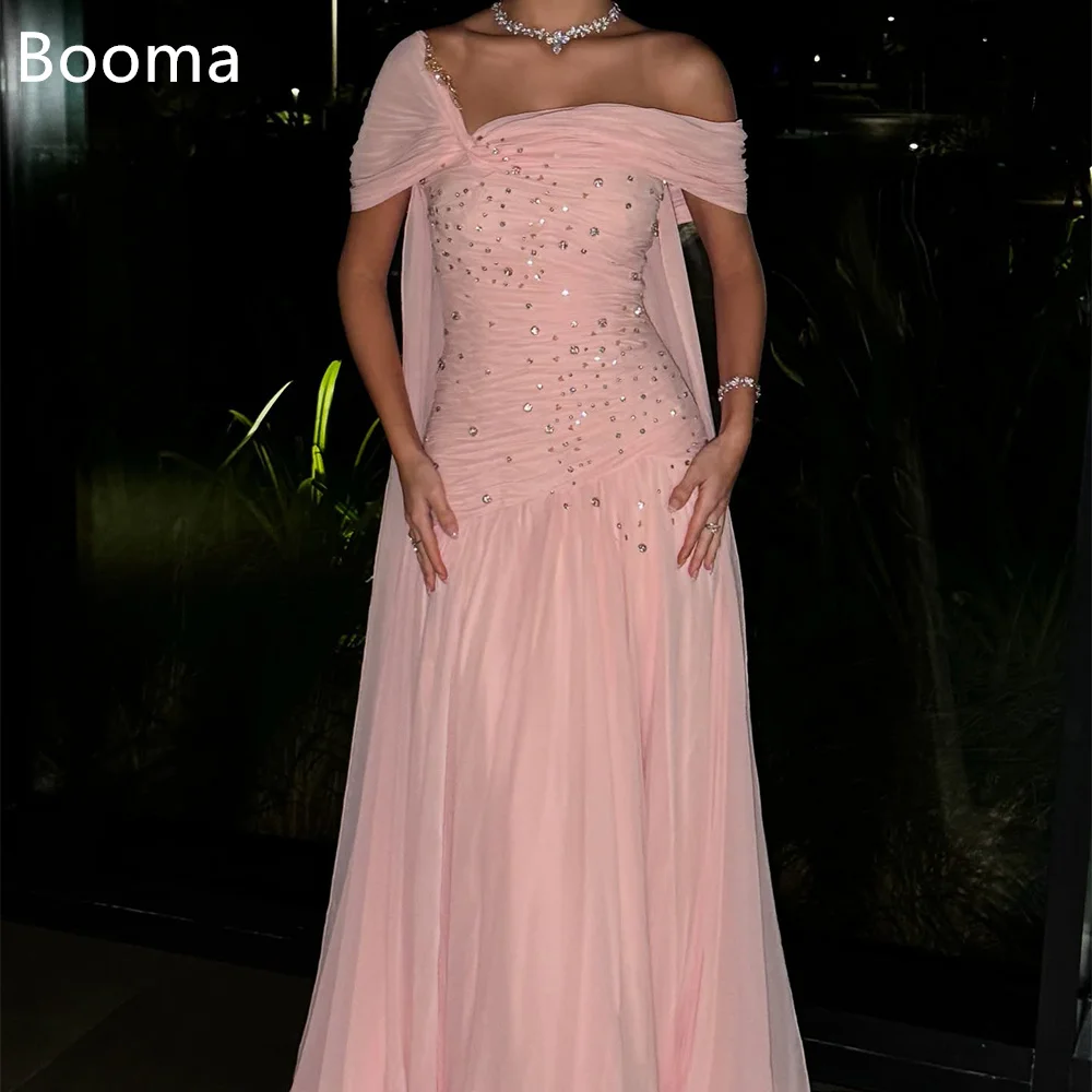 

Booma A-Line Off The Shoulder Pleat Pink Crystal Evening Dresses Long Formal Dresses for Women Elegant Prom Gowns Custom Made