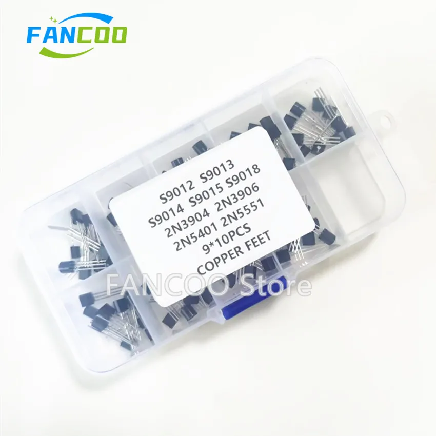 Transistor  SAMPLE kits 90pcs 9*10pcs S9012 S9013 S9014 S9015 S9018 2N3904 2N3906 2N5401 2N5551  Original Copper foot TO-92