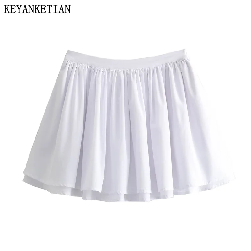 

KEYANKETIAN 2024 New Launch Women's White Mini Skirt Summer Street style Spicy Girl Side Zipper High waist A-Line Puffy Skirt