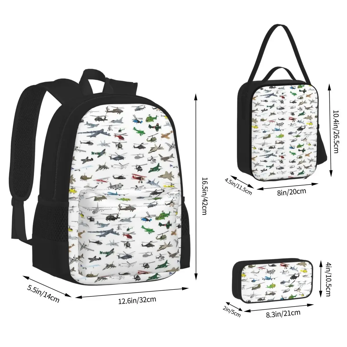 Various Colorful Airplanes And Helicopters Backpacks Bookbag School Bags Kids Rucksack Lunch Bag Pen Bag Three-Piece Set