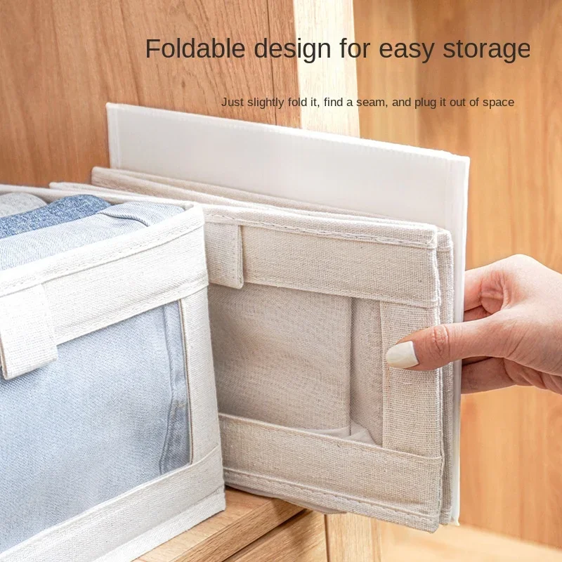 5Pcs Visual Window Cotton Linen Storage Box Wardrobe Pants Clothing Storage Organization Box Foldable Fabric Storage Box