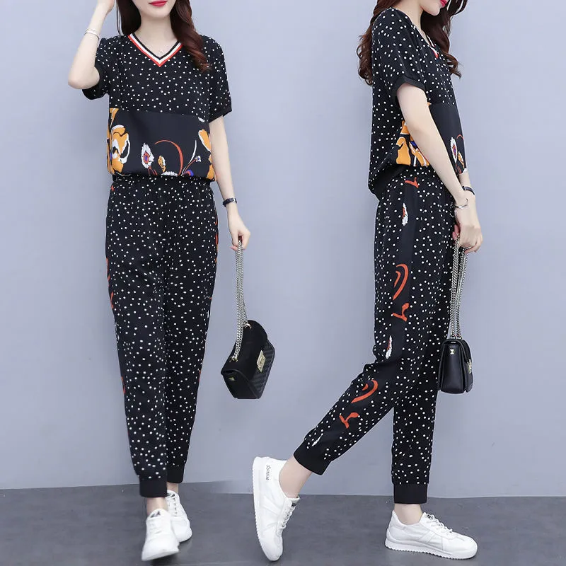 Set Female 2024 Summer New Suit  2PCS M-5XL Two Piece Women\'s Wide Short Sleeve Top Printed Ladies Outfit Jacket