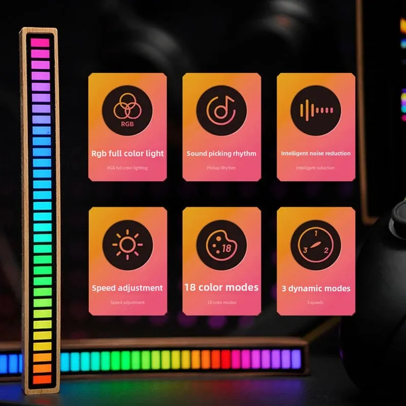 1PCS Walnut Wood  RGB Atmosphere Light Pickup Esports Computer Desktop Voice Control Music Sound Rhythm Car Audio Sound