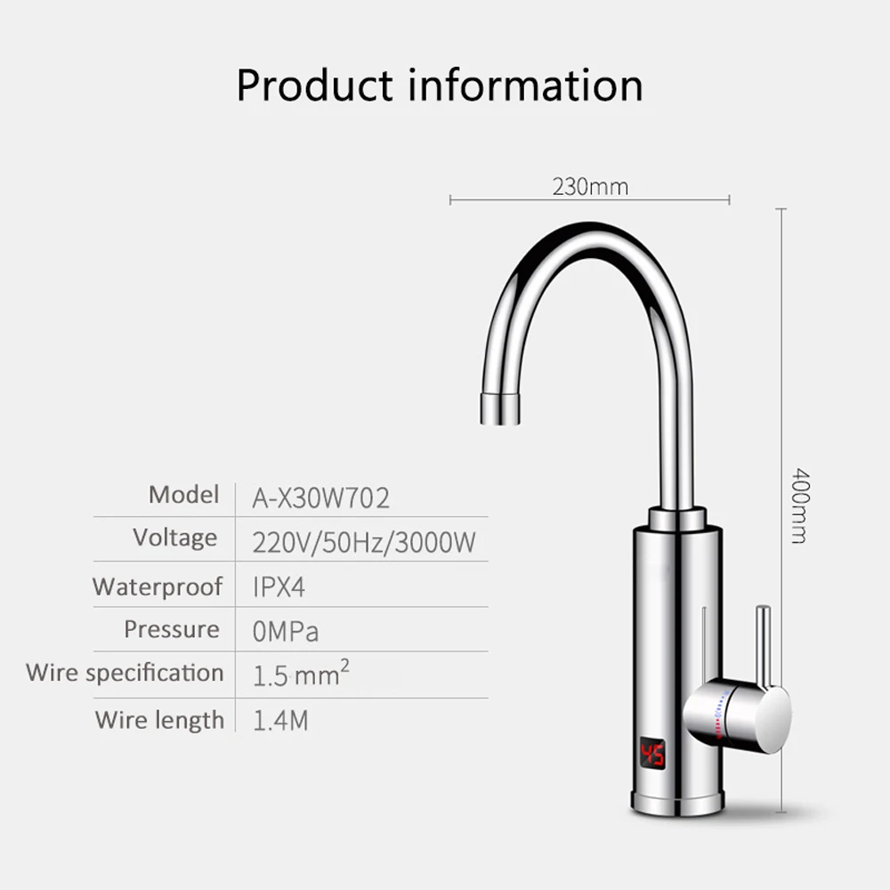 3000W Electric Water Heater Bathroom Kitchen Faucet Tankless Water Heater Tap Flowing Electric Faucet with Temperature Display