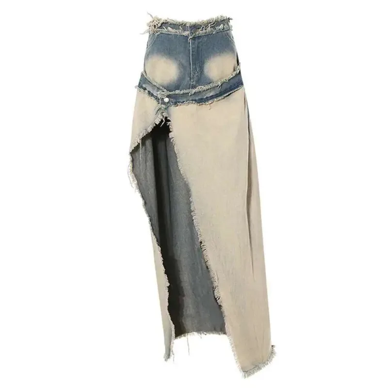 

VIBE синяя винтажная джинсовая юбка с неровным подолом Burr, повседневная юбка до половины тела с высокой талией, женская мода, новинка весны и осени 2025