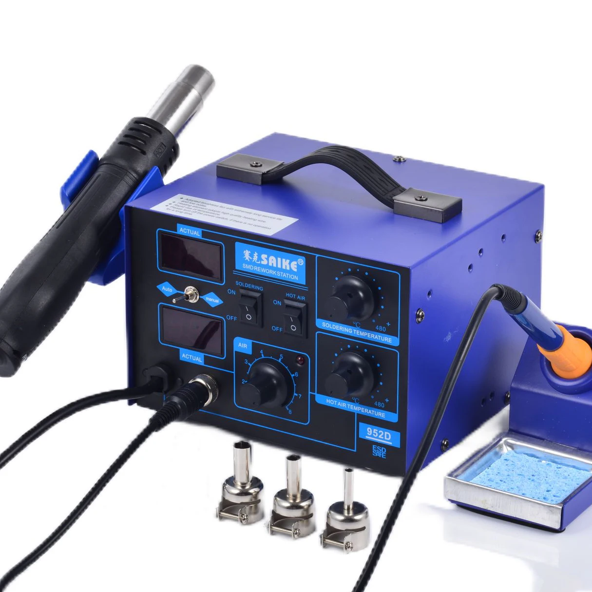 Saike 952D Hot Air Gun Station 220V 110V Heat Gun Soldering Iron Station 2 in 1 900M tip BGA Rework soldering station Kit Holder