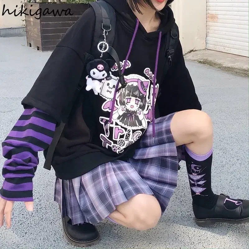 Hikigawa-Sweat à capuche faux deux pièces pour femmes, sweats à capuche patchwork rayés, vêtements pour adolescents, Harajuku Anime, noir, Y2K