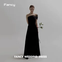 Vestido de novia coreano sin tirantes, negro, sencillo, elegante, línea A, vestido de novia de satén grueso, sin mangas, longitud de flores, corsé en la espalda personalizado