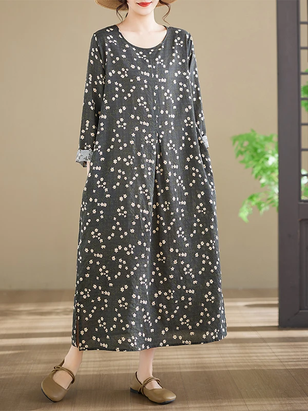 

Long Sleeve Cotton Print Dress round Neck Large Size Women's Dress A-Line Skirt City Walk Ethnic Style Loose Fit Long Dress