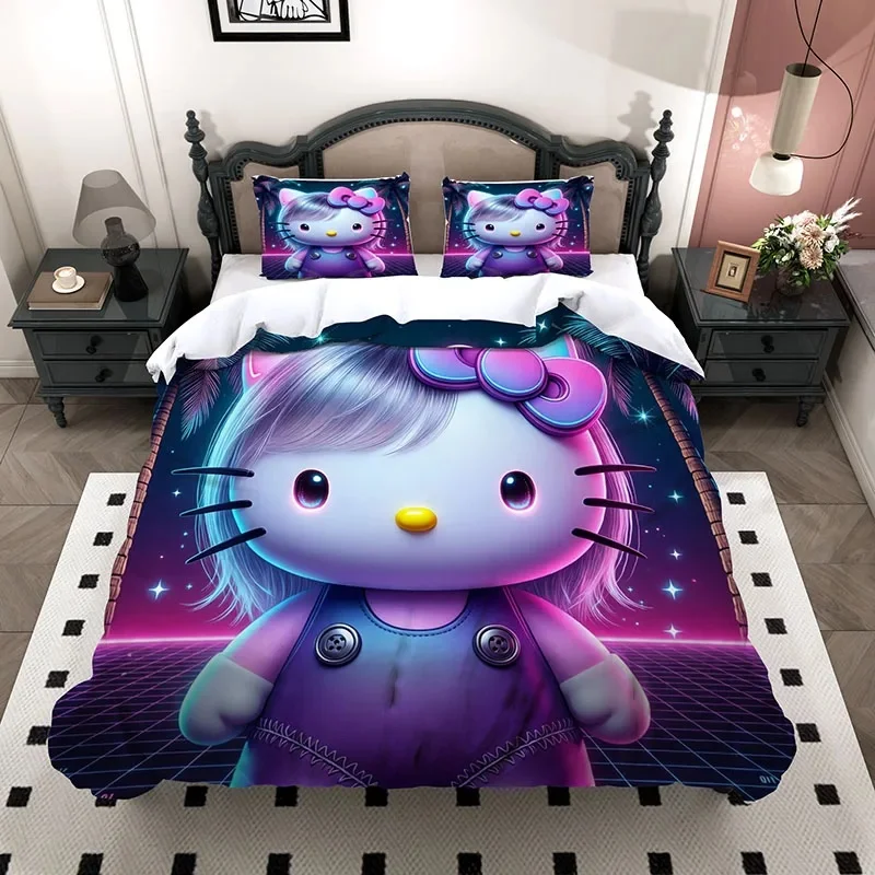 Hello Kitty 3Pcs Duvet Cover Set, 3D Retro Neon Grid Cyber Kitty Microfiber Bedding With 2 Pillowcases For Girls Bedroom Decor