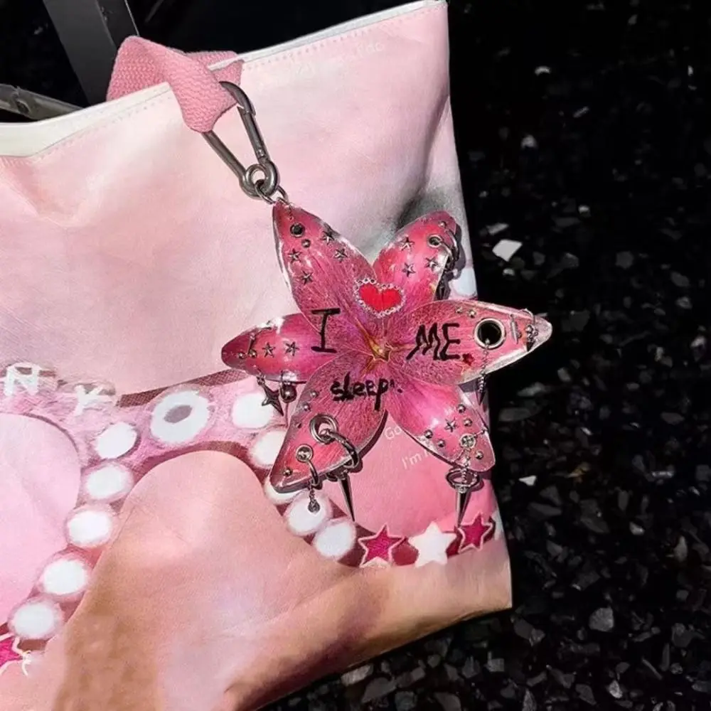 Phalaenopsis Orchid Lilium Brownii Flower Pendant Punk Tassel Colorful Rhinestone Keychain Hanger Rivet Bag Charm Spicy Girl