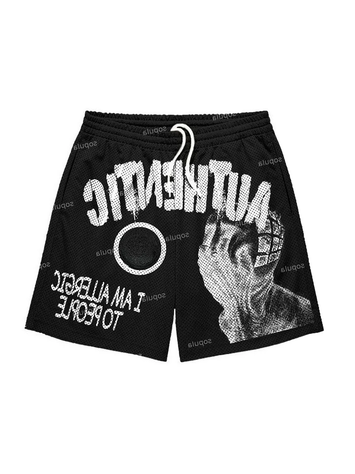 Summer Hot Sale Men Vintage Distressed Hand Graphic Mesh Basketball Shorts Quick Dry White Drawstring Punk Five Point Shorts