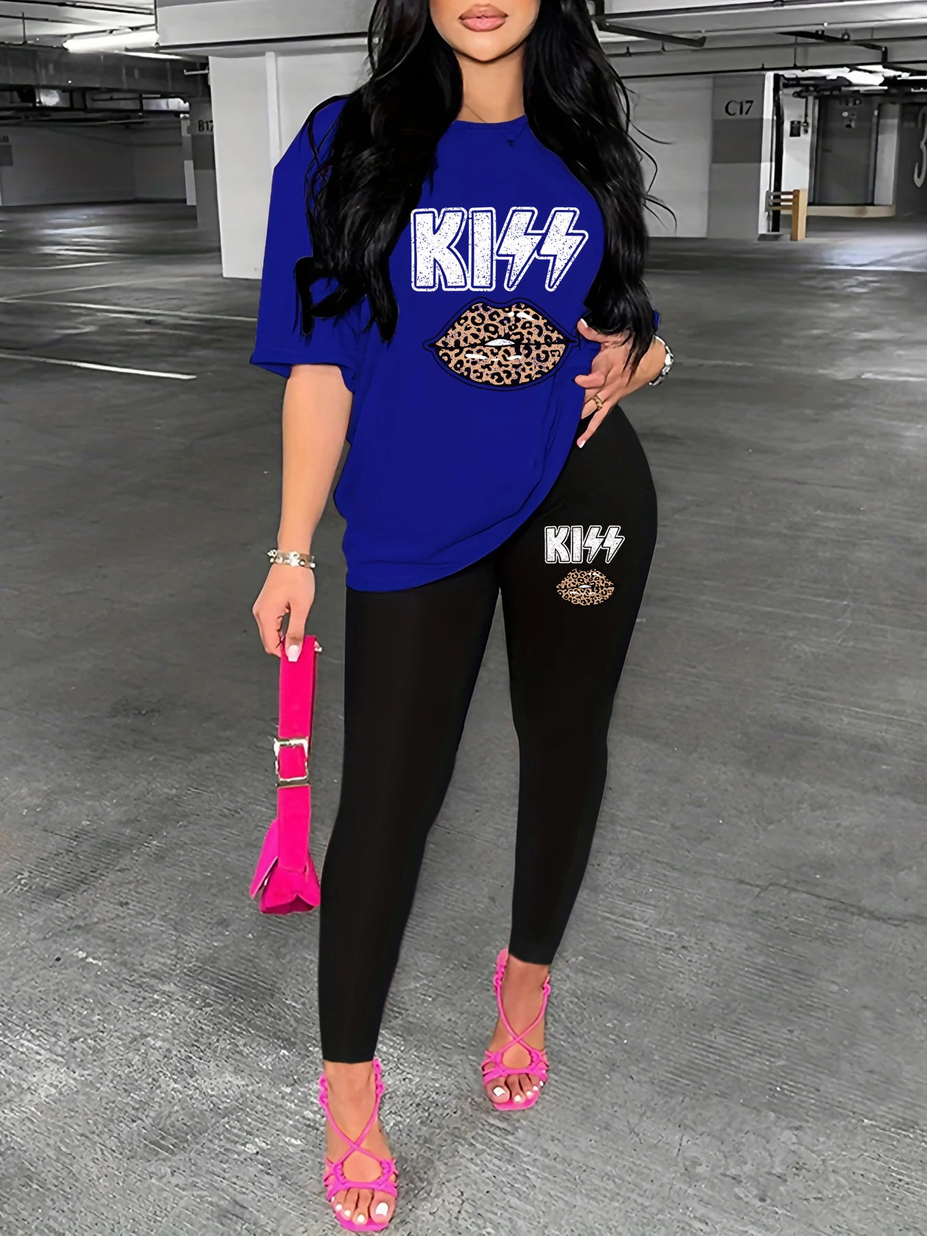 レディース春夏カジュアルKISSヒョウ柄リッププリントラウンドネック半袖Tシャツとタイトパンツの2点セット