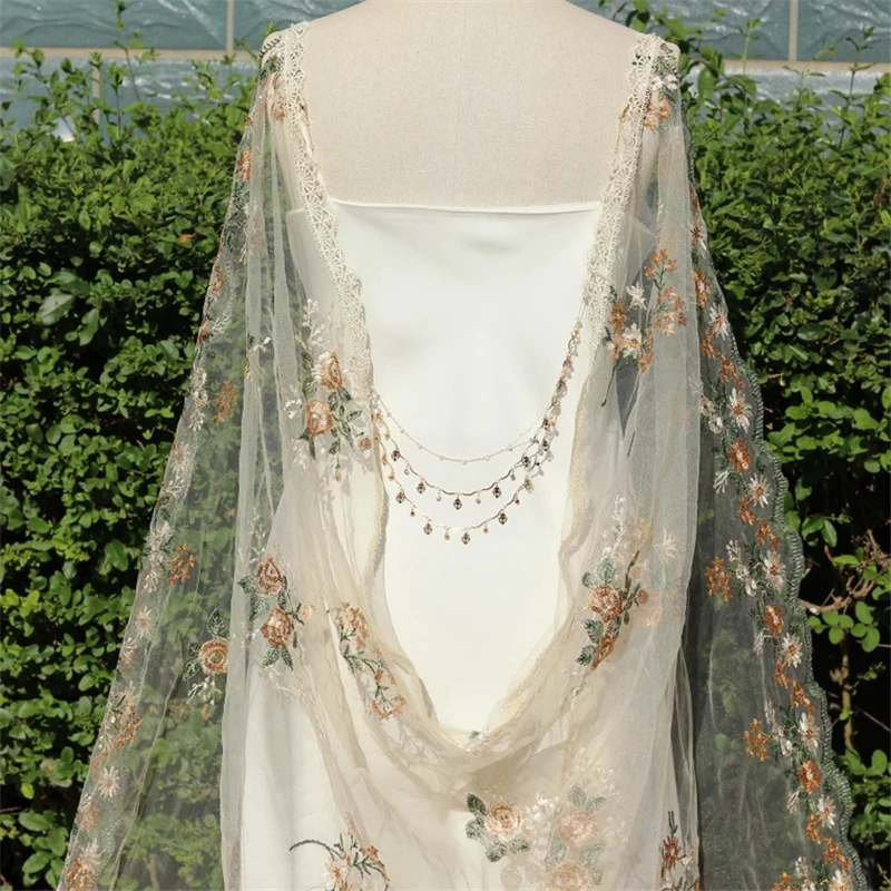 Brown Green Embroidered Flowers Leaves Floral Wedding Bridal Cape Shoulder Veils Cloak For Brides Cathedral Tulle Lace  Unique