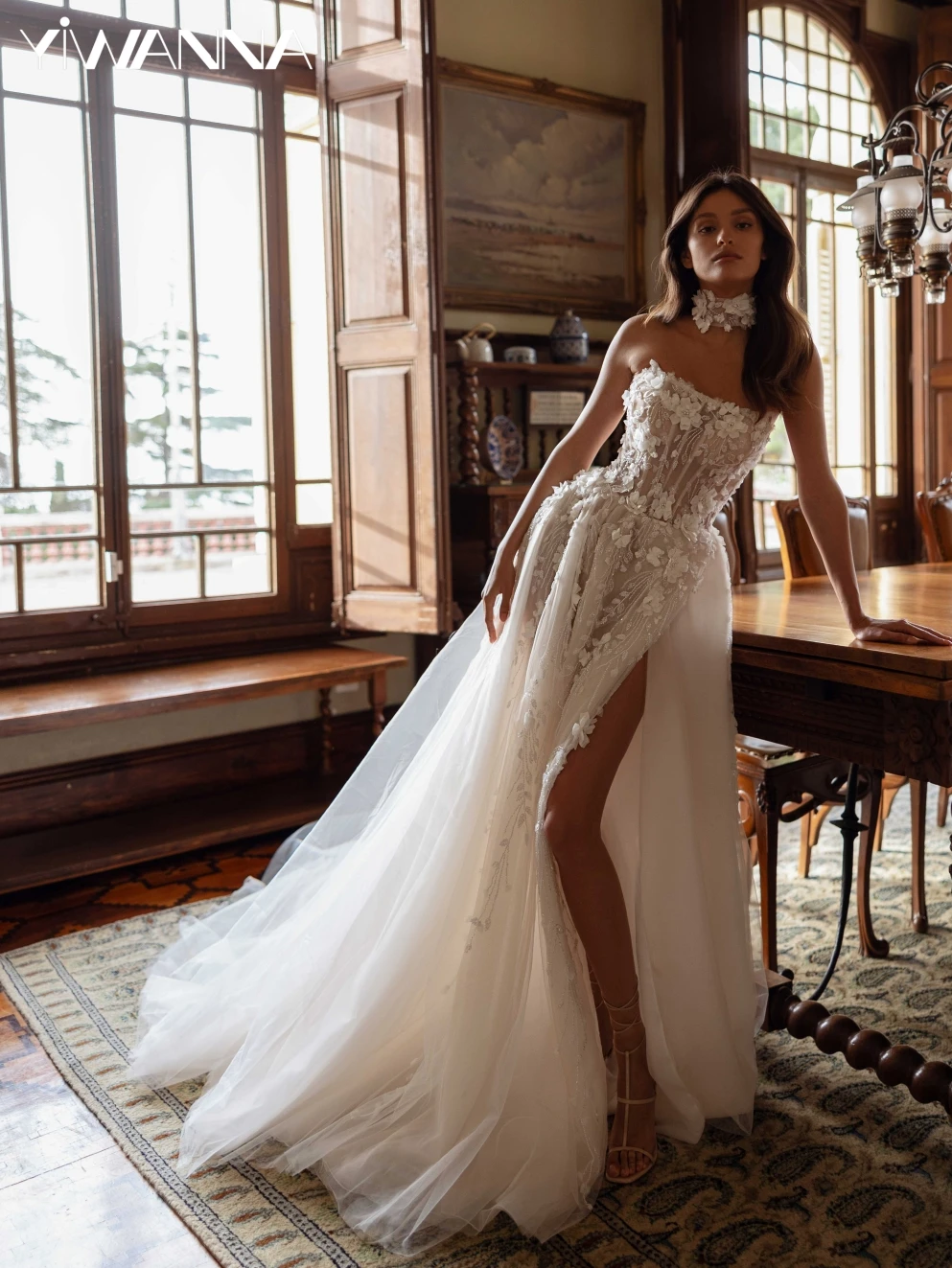 

Beaded 3D Flower A-line Long Wedding Dress Elegant Strapless Bridal Gown 2025 Customized Sexy Side High Slit Dresses For Bride