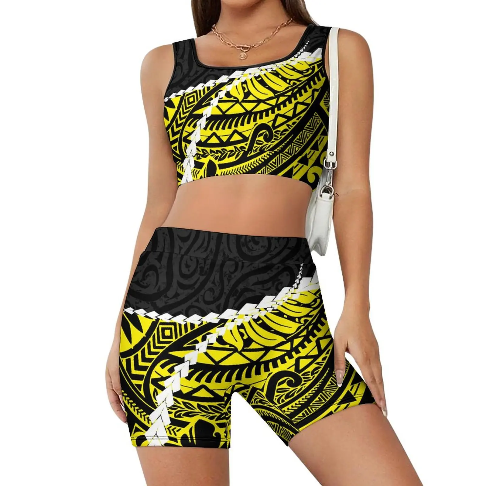 Yoga Two-Piece Polynesian Yoga Set Summer Women's Yoga Set Custom Retro Ethnic Tribal Design Cycling Bodysuit Custom