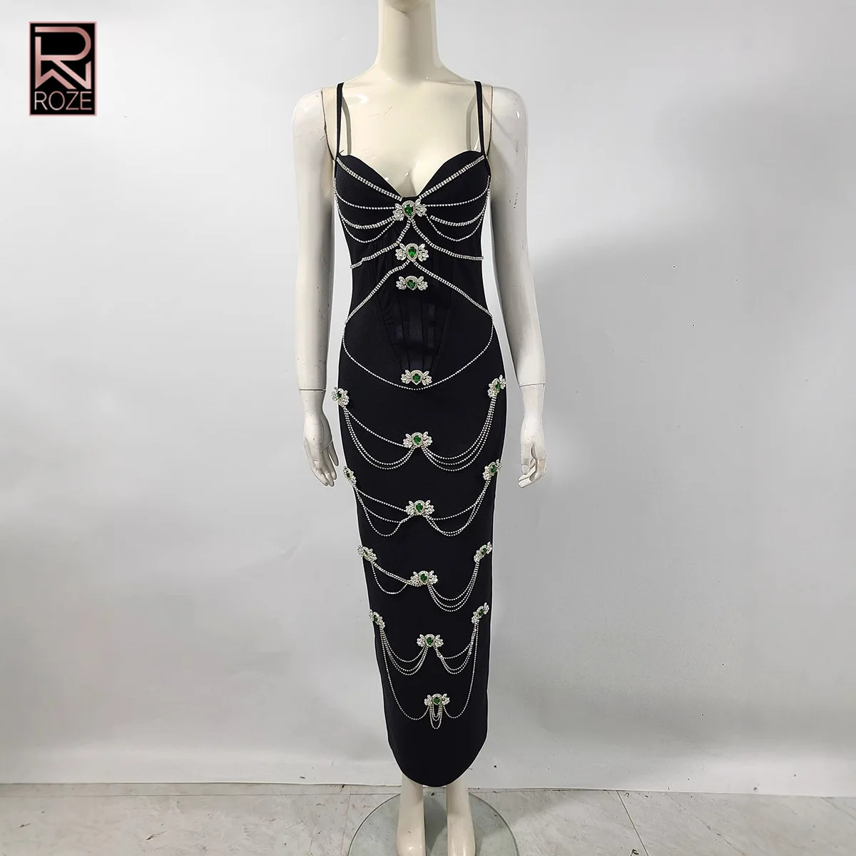 فستان سهرة ضمادة Bodycon مع سلسلة كريستال - ثوب حفلة بدون أكمام