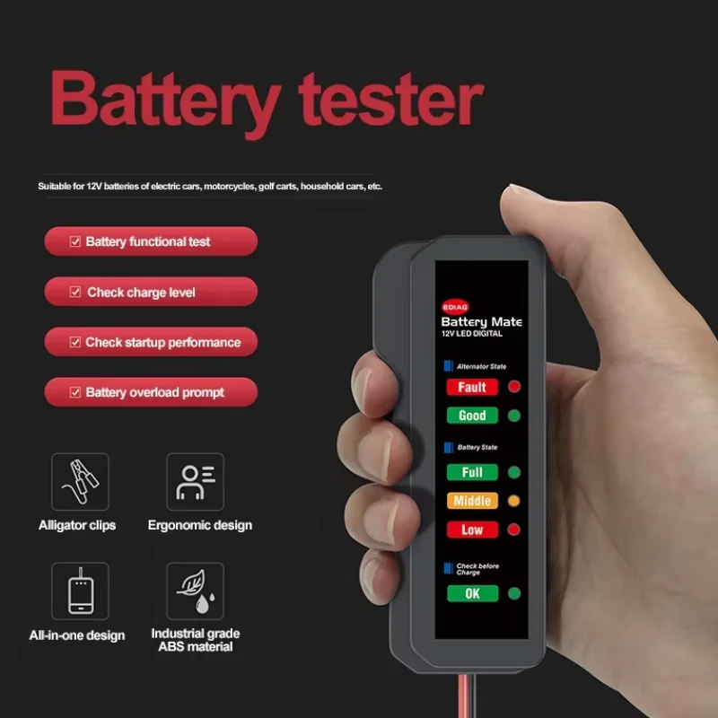 12V Car Battery Tester, Alternator Tester Automotive,Battery Checker, Analyzer to Check Alternator & Battery Charging System,LED