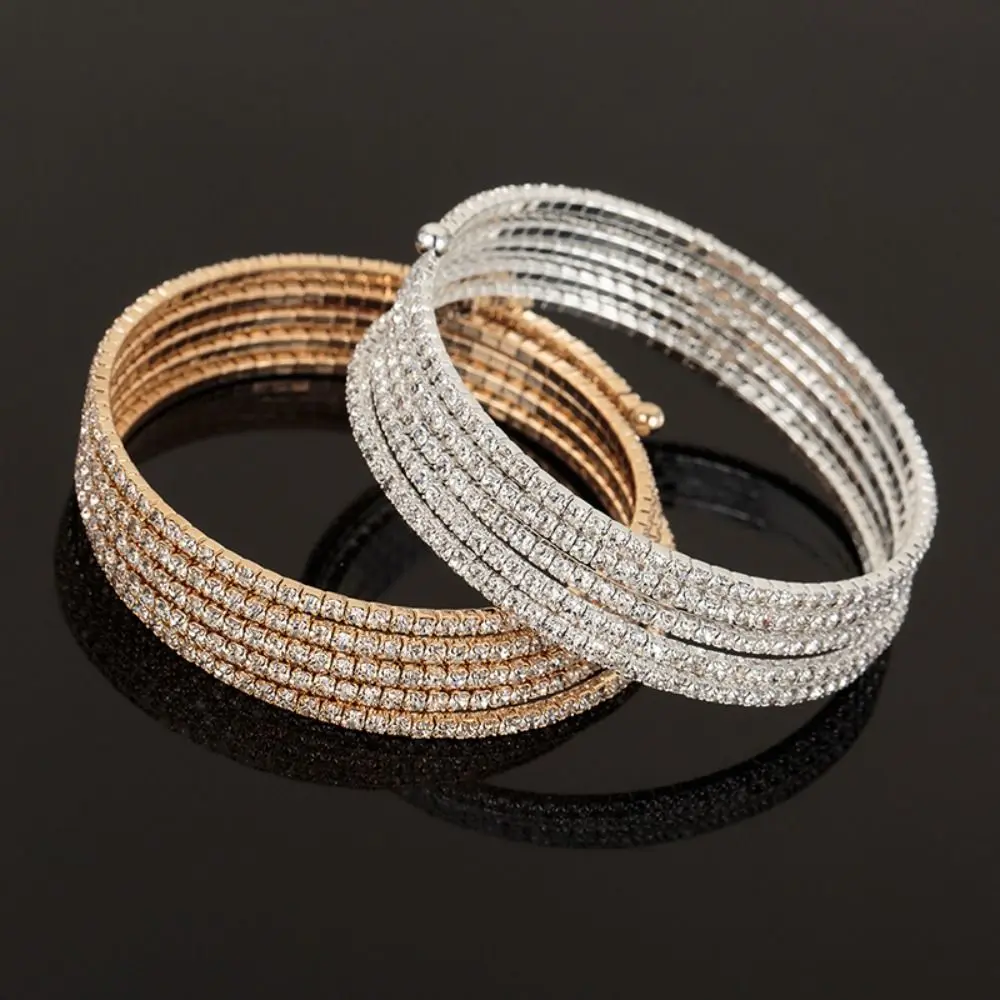 Rhinestone Upper Arm Bracelet Gold Color Silver Color Full Shiny Rhinestone Bangles Punk Coil Swirl Spiral Shape Armband Cuff